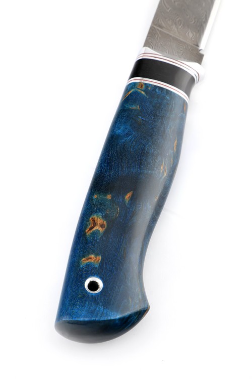 Нож Гарпун сталь дамаск, рукоять вставка черный граб, карельская береза синяя 