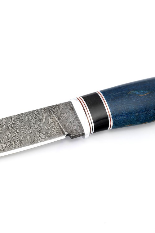 Нож Гарпун сталь дамаск, рукоять вставка черный граб, карельская береза синяя 