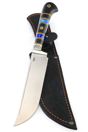 Нож узбекский-2 сталь S390 рукоять мельхиор, черный граб, акрил синий