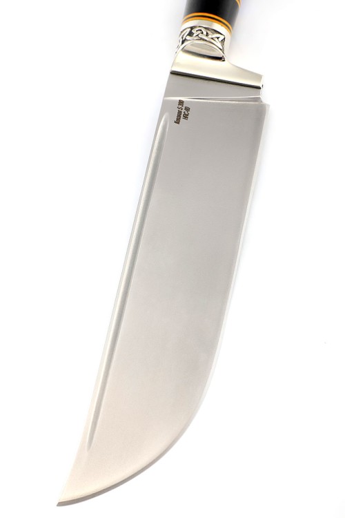 Нож Узбек-2 сталь S390 рукоять мельхиор, черный граб, акрил синий 