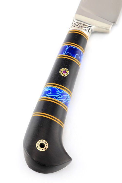 Нож Узбек-2 сталь S390 рукоять мельхиор, черный граб, акрил синий 