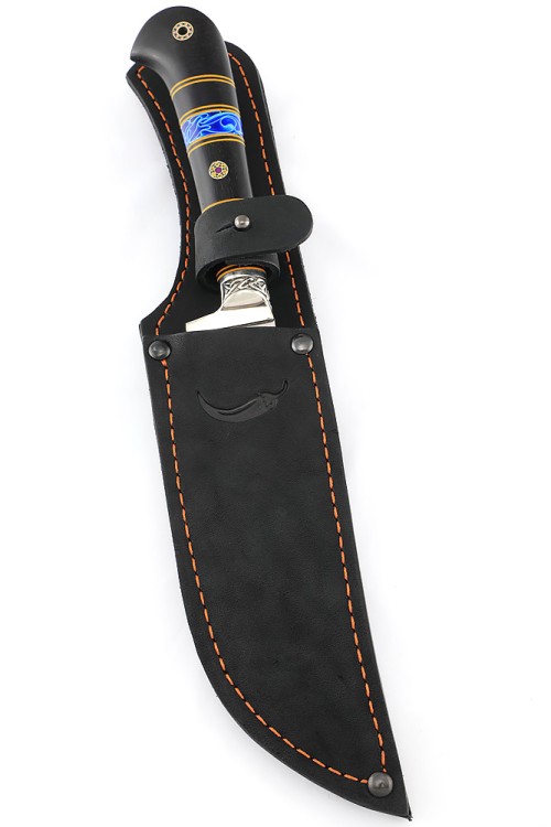 Нож Узбек-2 сталь S390 рукоять мельхиор, черный граб, акрил синий 