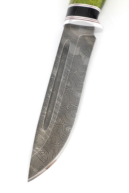 Нож Лось сталь дамаск рукоять вставка черный граб, карельская береза зеленая 