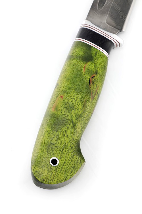 Нож Лось сталь дамаск рукоять вставка черный граб, карельская береза зеленая 