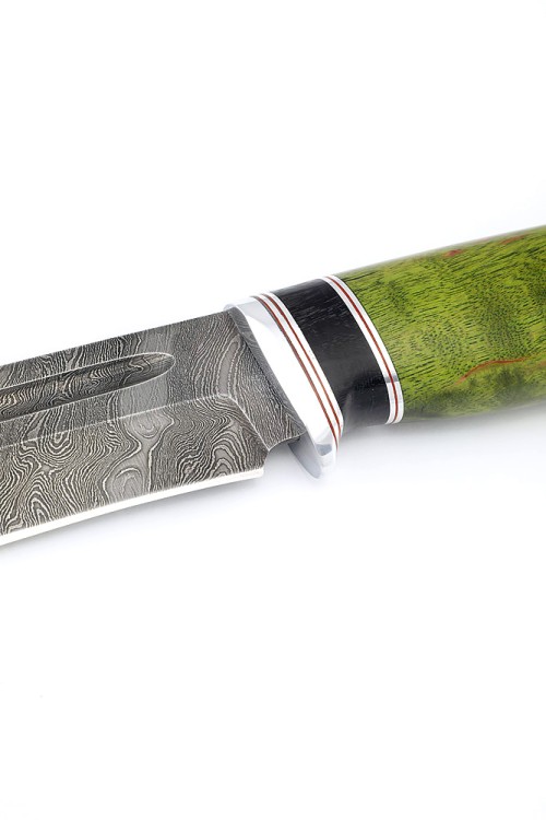 Нож Лось сталь дамаск рукоять вставка черный граб, карельская береза зеленая 