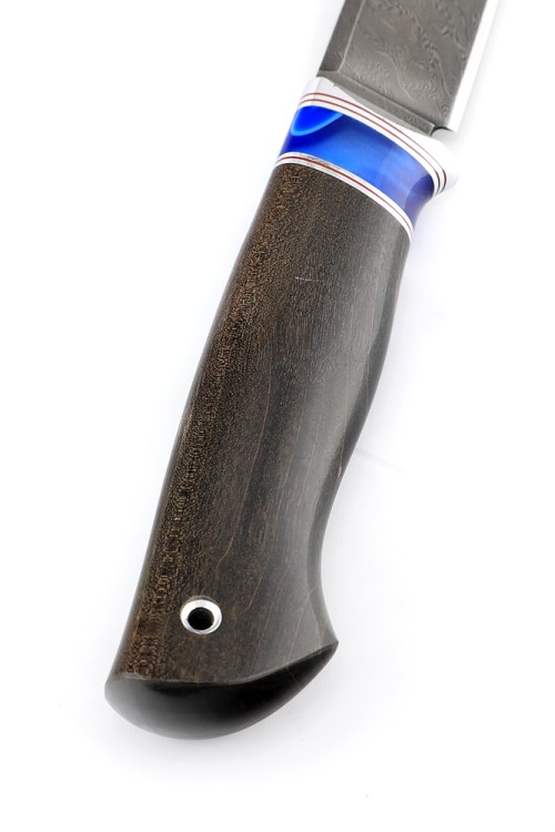 Нож Енот сталь дамаск рукоять вставка акрил синий, черный граб 