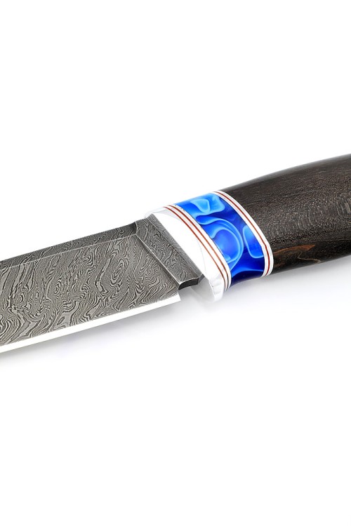 Нож Енот сталь дамаск рукоять вставка акрил синий, черный граб 