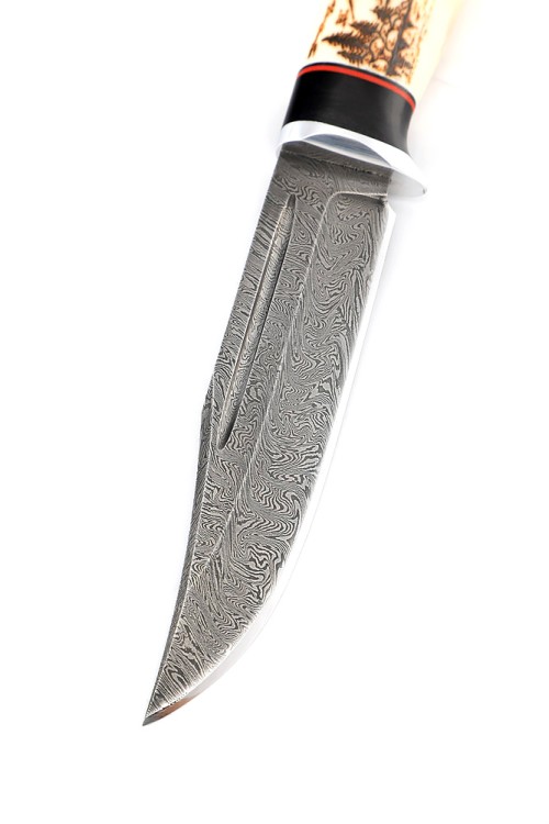 Нож Стриж сталь дамаск, рукоять рог лося черный граб (пирография) 