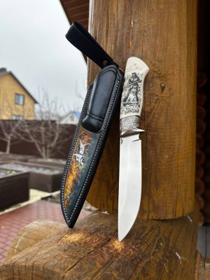 Нож Хантер S390 стабилизированный зуб мамонта элфорин (скримшоу) формованные ножны