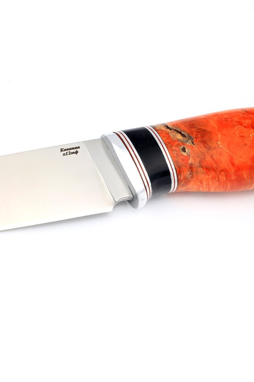 Нож Разделочный сталь кованая Х12МФ рукоять вставка черный граб, кап клена оранжевый 