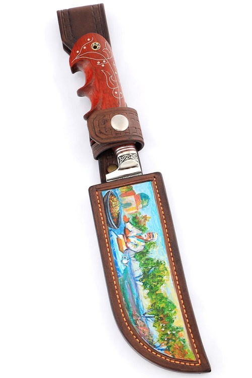 Нож Узбек-2 сталь дамаск нержавеющий рукоять мельхиор падук с инкрустацией, ФОРМОВАННЫЕ НОЖНЫ 