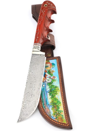 Нож Узбекский-2 сталь дамаск нержавеющий рукоять мельхиор падук с инкрустацией, ФОРМОВАННЫЕ НОЖНЫ
