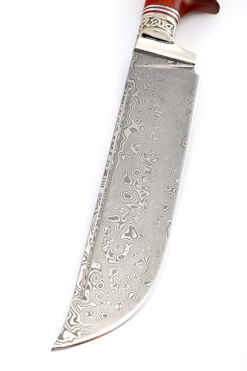 Нож Узбек-2 сталь дамаск нержавеющий рукоять мельхиор падук с инкрустацией, ФОРМОВАННЫЕ НОЖНЫ 
