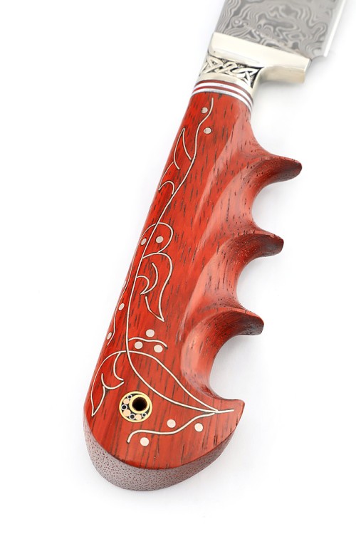 Нож Узбек-2 сталь дамаск нержавеющий рукоять мельхиор падук с инкрустацией, ФОРМОВАННЫЕ НОЖНЫ 