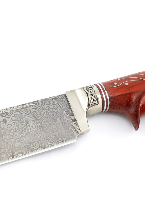 Нож Узбек-2 сталь дамаск нержавеющий рукоять мельхиор падук с инкрустацией, ФОРМОВАННЫЕ НОЖНЫ 