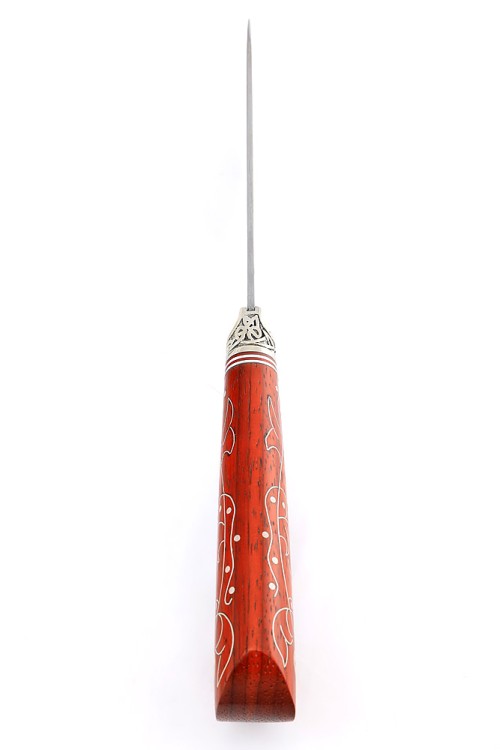 Нож Узбек-2 сталь дамаск нержавеющий рукоять мельхиор падук с инкрустацией, ФОРМОВАННЫЕ НОЖНЫ 