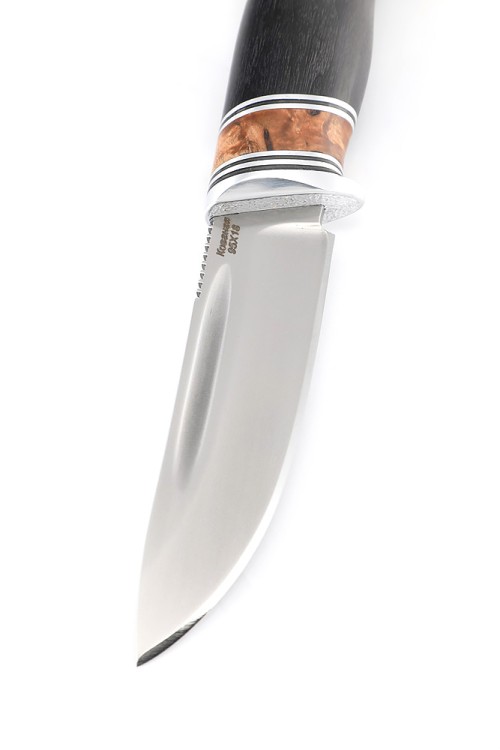 Нож Малыш сталь кованая 95х18 рукоять вставка карельская береза коричневая, черный граб 