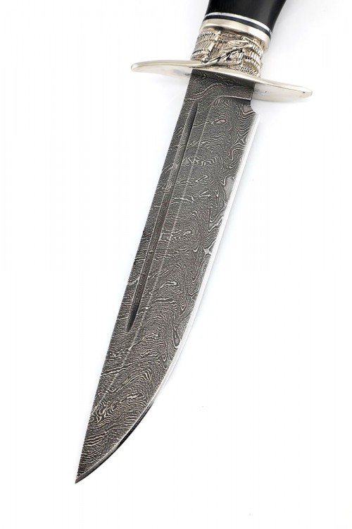 Нож финка НКВД сталь дамаск, мельхиор, рукоять черный граб 