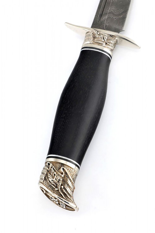 Нож финка НКВД сталь дамаск, мельхиор, рукоять черный граб 