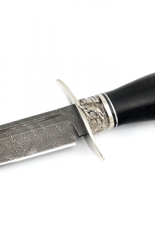 Нож финка НКВД сталь дамаск, мельхиор, рукоять черный граб 