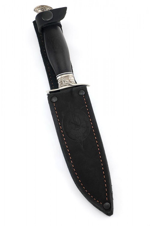 Нож финка НКВД сталь дамаск, мельхиор, рукоять черный граб 