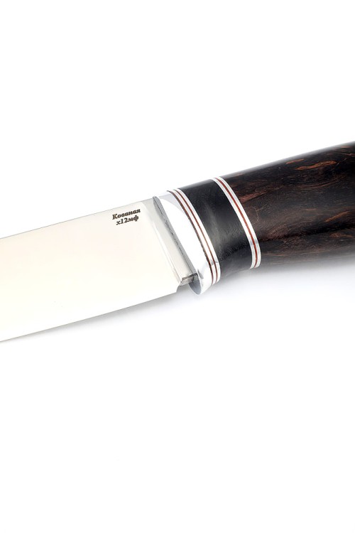 Нож Следопыт сталь кованая х12мф рукоять вставка черный граб, карельская береза коричневая 