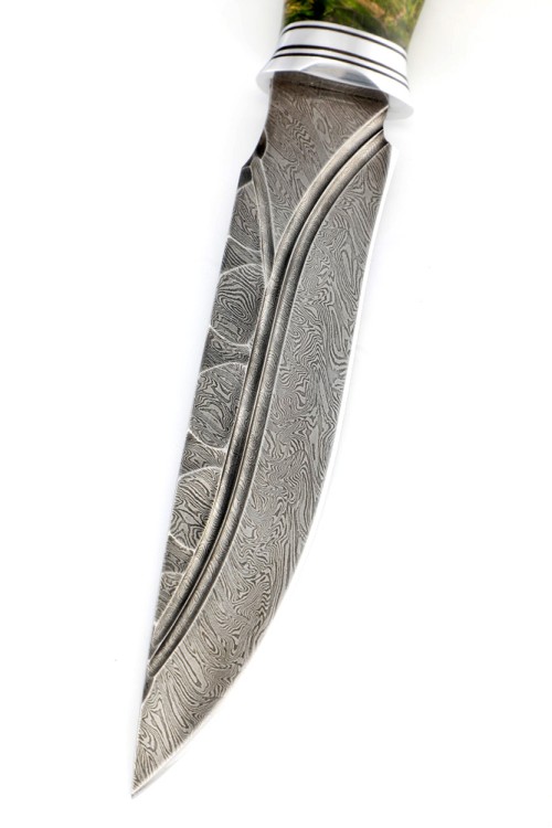 Нож Хищник сталь дамаск долы-камень рукоять кап клена зеленый 