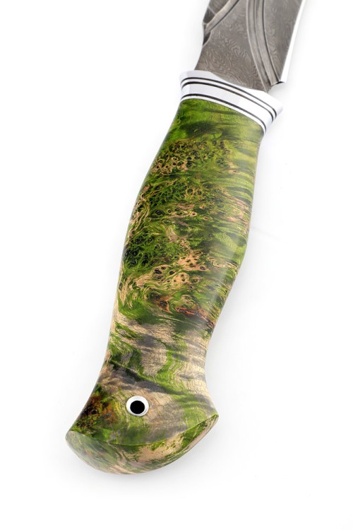 Нож Хищник сталь дамаск долы-камень рукоять кап клена зеленый 