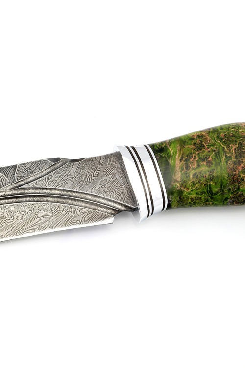 Нож Хищник сталь дамаск долы-камень рукоять кап клена зеленый 