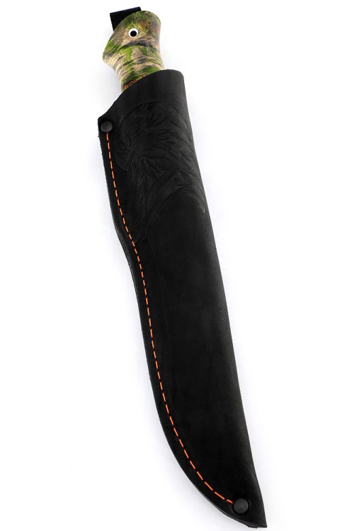 Нож Хищник сталь дамаск долы-камень рукоять кап клена зеленый 