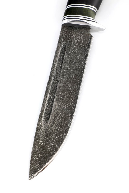 Нож Лось сталь кованая ХВ5, рукоять вставка карельская береза зеленая, черный граб 