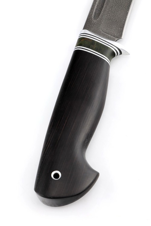 Нож Лось сталь кованая ХВ5, рукоять вставка карельская береза зеленая, черный граб 