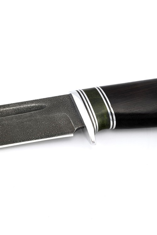 Нож Лось сталь кованая ХВ5, рукоять вставка карельская береза зеленая, черный граб 