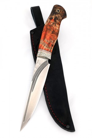 Нож Клык сталь К340, фигурные долы, рукоять мельхиор, кап клёна красный
