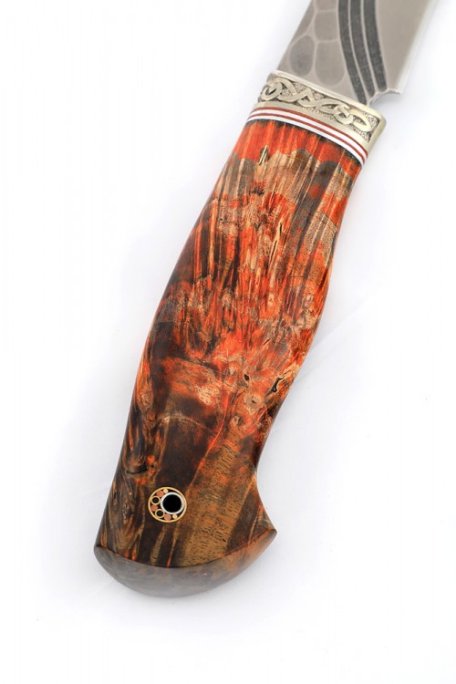 Нож Клык сталь К340, фигурные долы камень, рукоять мельхиор, кап клёна красный 