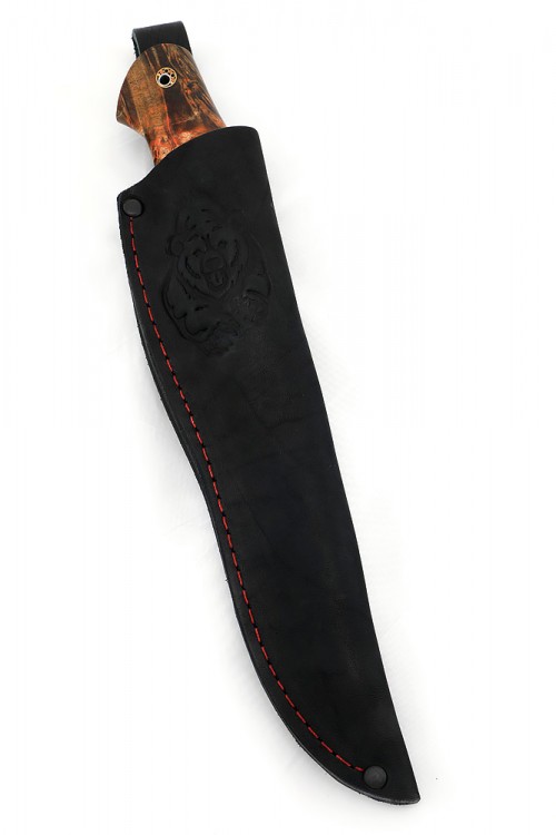Нож Клык сталь К340, фигурные долы камень, рукоять мельхиор, кап клёна красный 