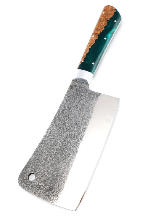 Подставка из ясеня с набором из 5 ножей и тяпки (булат, гибрид карельская береза, акрил зеленый) 