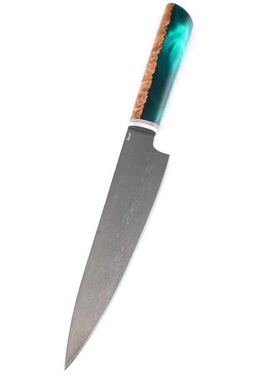 Подставка из ясеня с набором из 5 ножей и тяпки (булат, гибрид карельская береза, акрил зеленый) 