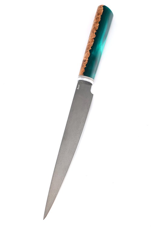 Подставка из ясеня с набором из 5 ножей и тяпки (булат, гибрид карельская береза, акрил зеленый) 