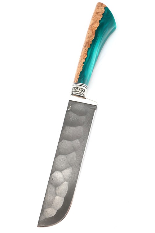 Подставка из ясеня с набором из 5 ножей и тяпки (булат, гибрид карельская береза, акрил зеленый) 