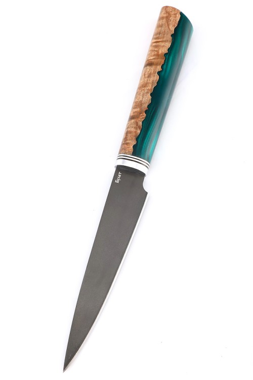 Подставка из ясеня с набором из 5 ножей и тяпки (булат, гибрид карельская береза, акрил зеленый) 