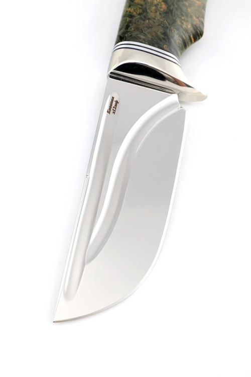 Нож Секач сталь кованая Х12МФ, долы, рукоять мельхиор, кап клена зеленый  Нож Секач сталь кованая Х12МФ, долы, рукоять мельхиор, кап клена зеленый