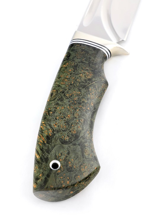 Нож Секач сталь кованая Х12МФ, долы, рукоять мельхиор, кап клена зеленый  Нож Секач сталь кованая Х12МФ, долы, рукоять мельхиор, кап клена зеленый