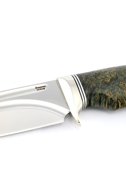 Нож Секач сталь кованая Х12МФ, долы, рукоять мельхиор, кап клена зеленый  Нож Секач сталь кованая Х12МФ, долы, рукоять мельхиор, кап клена зеленый