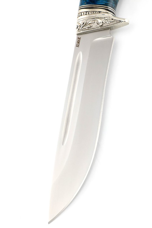 Нож Лось сталь Elmax рукоять мельхиор, кап клена синий, ФОРМОВАННЫЕ НОЖНЫ 