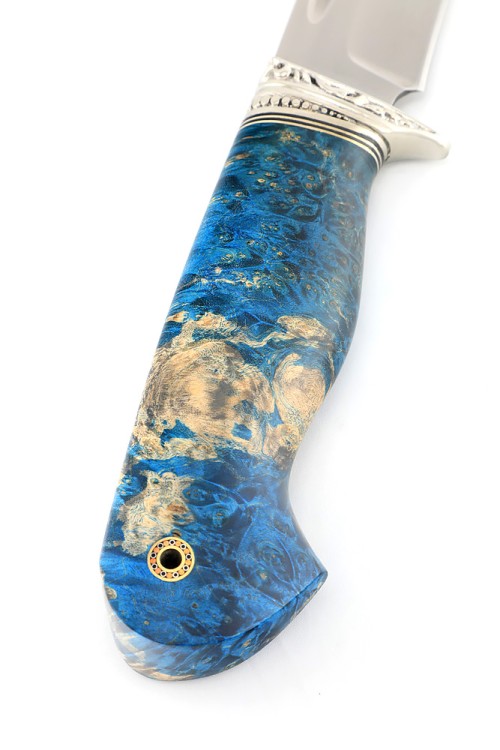 Нож Лось сталь Elmax рукоять мельхиор, кап клена синий, ФОРМОВАННЫЕ НОЖНЫ 