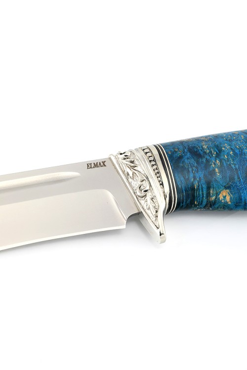 Нож Лось сталь Elmax рукоять мельхиор, кап клена синий, ФОРМОВАННЫЕ НОЖНЫ 