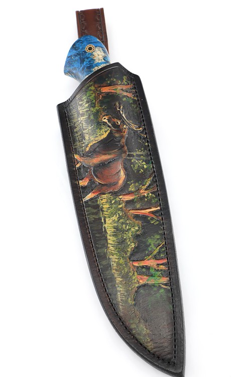 Нож Лось сталь Elmax рукоять мельхиор, кап клена синий, ФОРМОВАННЫЕ НОЖНЫ 