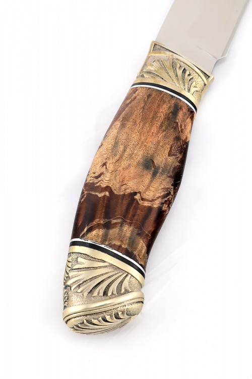 Нож Ястреб сталь К340 рукоять мельхиор кап клёна коричневый 