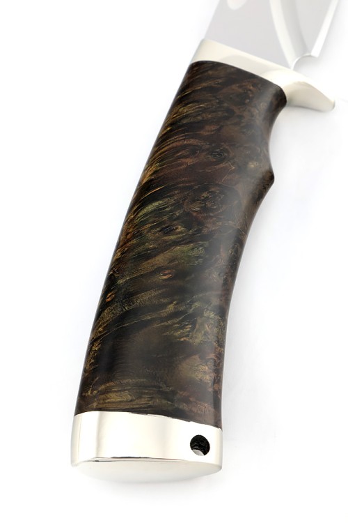 Нож Волк сталь кованая Х12МФ, долы, рукоять мельхиор, кап клена коричневый  Нож Волк сталь кованая Х12МФ, долы, рукоять мельхиор, кап клена коричневый